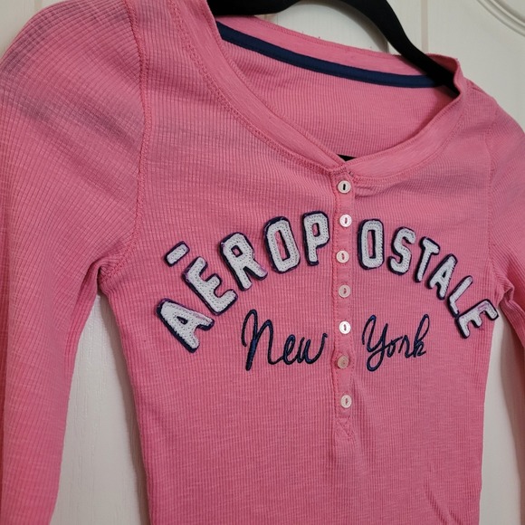Aeropostale Tops - Aeropostale Logo Womens Pink Ribbed Henley Long Sleeve Graphic Top XS Y2K